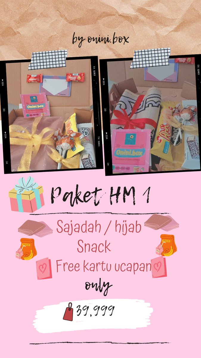 🌸🌸PAKET HM 1 🌸🌸
yang dapat apa sih? tertera pada gambar yaa😊 
ini cocok banget gift untuk orang spesial kalian dengan harga yang terjangkau😻
yuk order! melalui DM/ link tertera
bisa cek Instagram kita juga ya : <a href="/onini/">C H R I S I</a>.box
#snackbox #giftbox #snackboxmurah #hampers