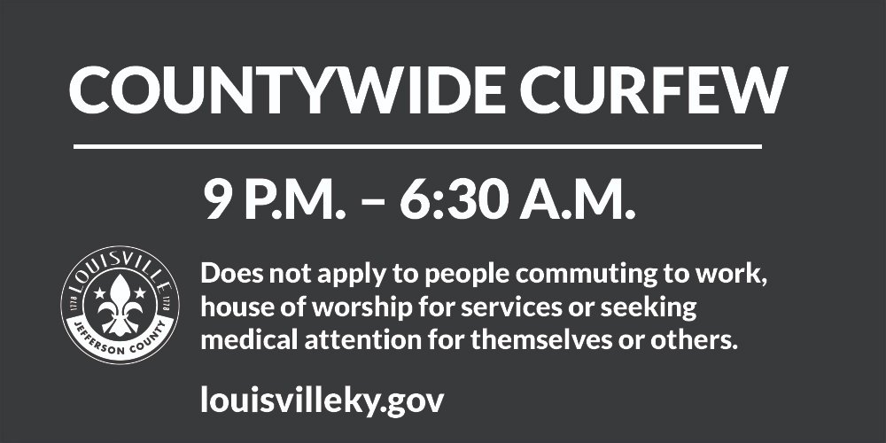 Louisville Metro will again be under a curfew beginning at 9 tonight (9/24) until 6:30 a.m., as we seek to balance First Amendment rights with the need for public safety. If you're out, please begin heading home now. https://t.co/FszRdhSc5E https://t.co/Sm6JTVK5ub