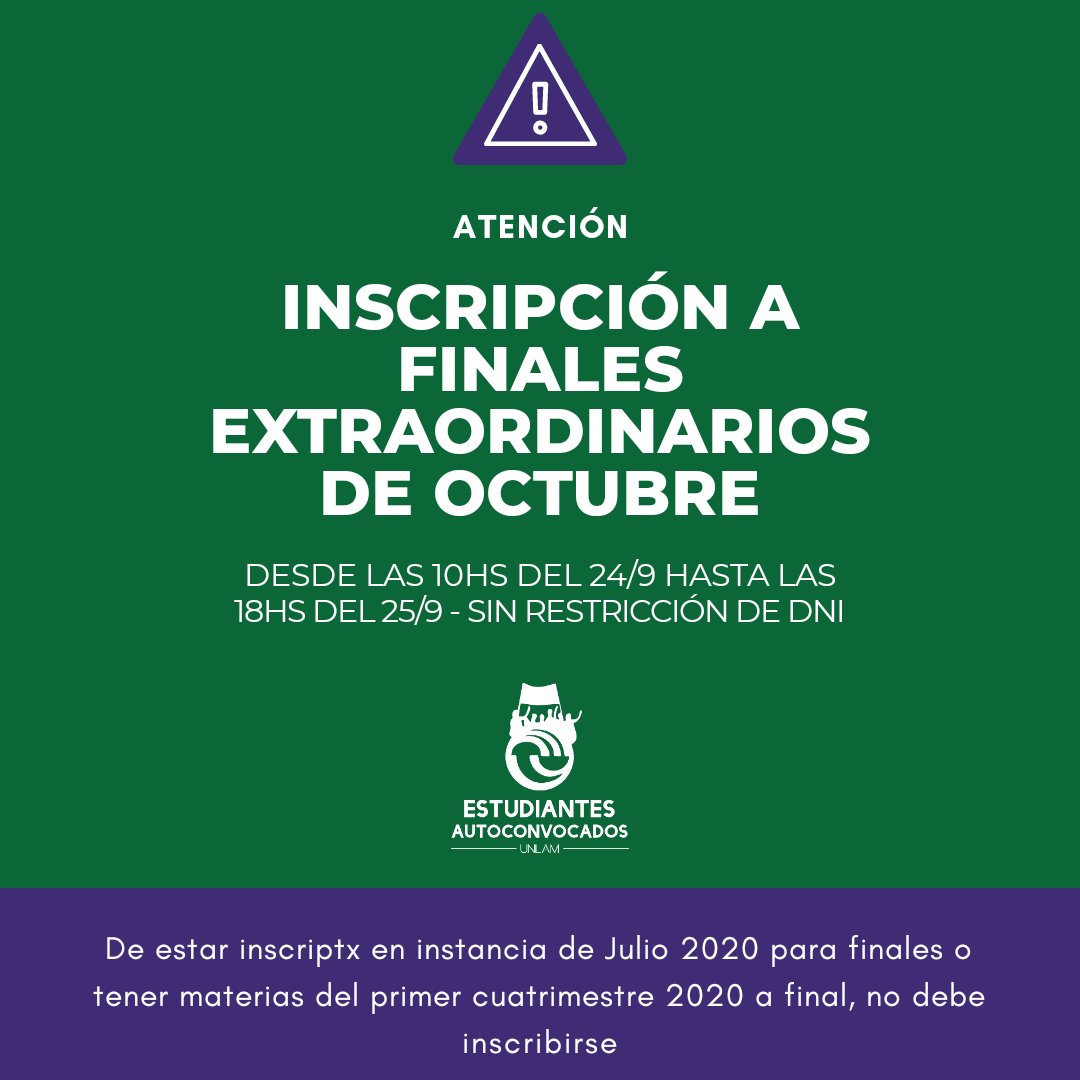 EAUNLaM's tweet photo. Hoy y mañana está habilitada la inscripción a finales! Recuerden que aquellxs que se inscribieron para dar finales en Julio o tienen materias del primer cuatrimestre en condición de cursada, ya están habilitadxs para rendir. https://t.co/79dXqyZ0uc