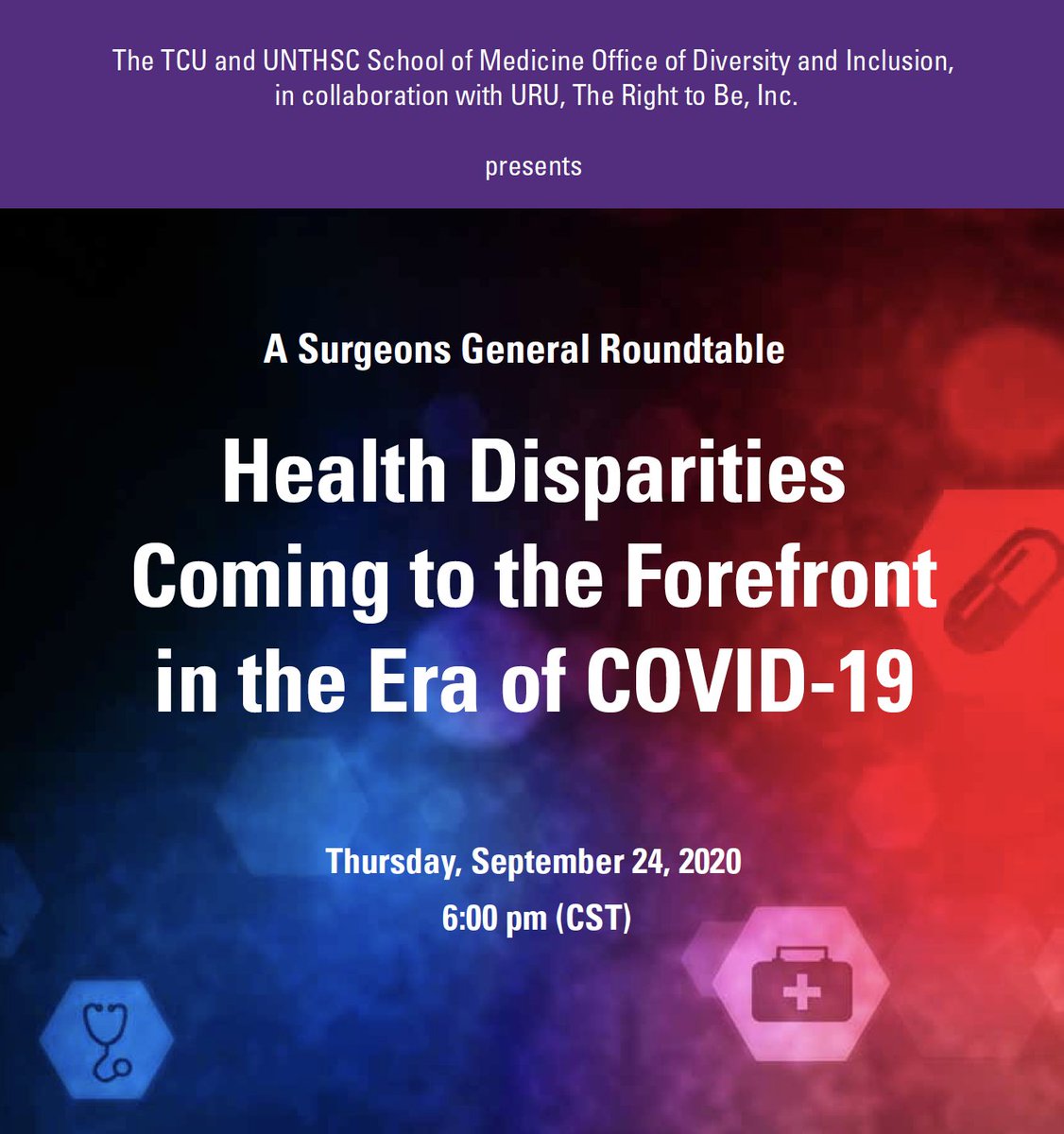 TCUBurnettMed's tweet photo. Post your comments on @URUTheRightToBe Surgeons General Q&A w/ #DisparitiesTalks by 11 p.m. CST 9/24 for a chance to win an e-gift card. Don’t forget to follow @fortworthmdschool for a chance to win. Rules: https://t.co/SH2UBx0pGq https://t.co/xFYOZx1dJm