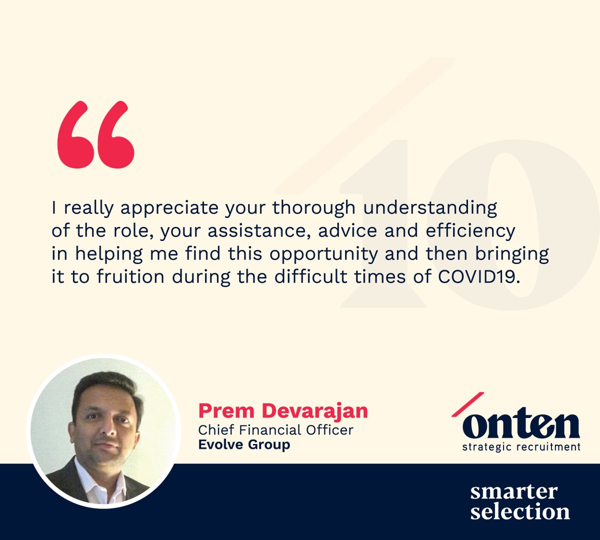 OntenAU's tweet photo. A 10/10 recommendation from one of our most recent recruits who is currently stuck in quarantine on the Gold Coast! Prem was delighted by the "on top of it" communication, preparation guidelines and follow up that he received. We loved working with you Prem! #Onten #recruitment https://t.co/I8KpuaR0dD