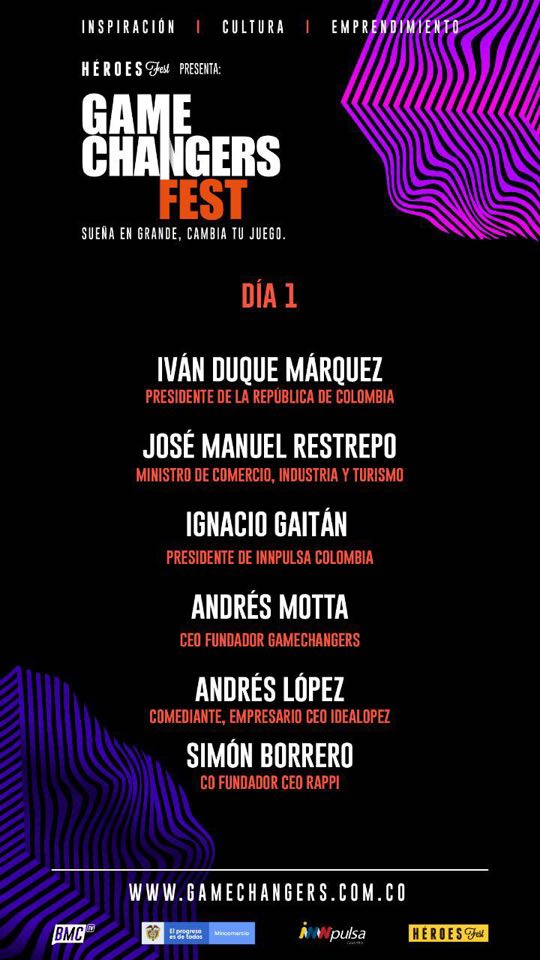 En este día 1️⃣ no te pierdas las charlas de:
➡️Ignacio Gaitán Villegas
➡️Andrés Motta
➡️Andrés López
➡️Simón Borrero
➡️Adriana Salazar
➡️Andrés Aramburo

#BeAGameChanger #HéroesFest