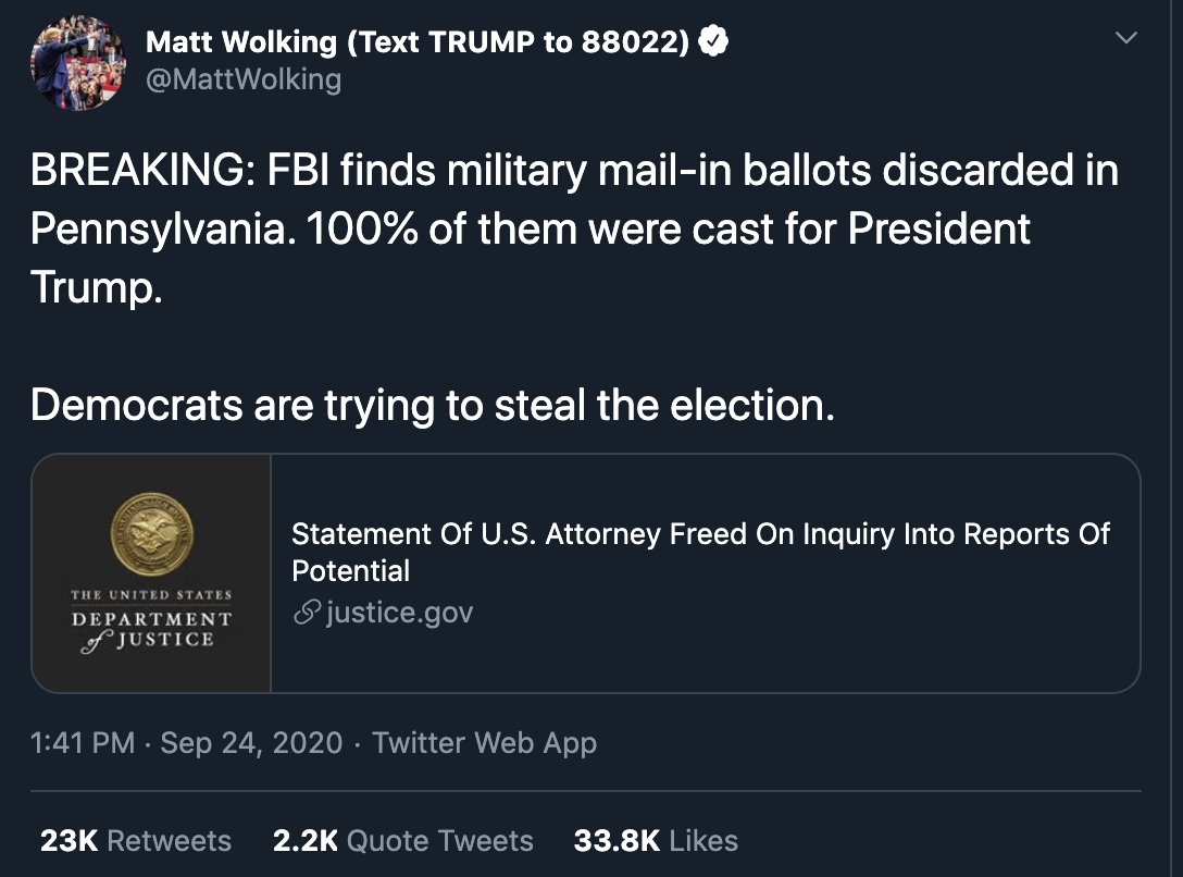 8 hours later, the Trump spokesman's instigating tweet—"Democrats are trying to steal the election"—is still posted, with 67,000 retweets/likes and counting.This sort of disinformation is going to get innocent people hurt.