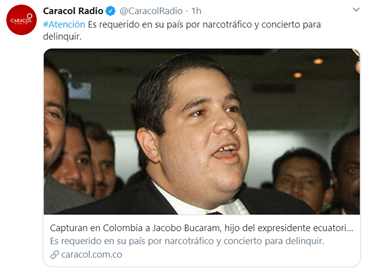Primicias_FM's tweet photo. #ATENCIÓN🔵 El medio @CaracolRadio informó que Jacobo Bucaram Puley fue capturado en Medellín, Colombia. El hijo de Abdalá Bucuram tiene orden de prisión por investigaciones de delincuencia organizada que lleva adelante la @FiscaliaEcuador https://t.co/uWE4aY6xWZ