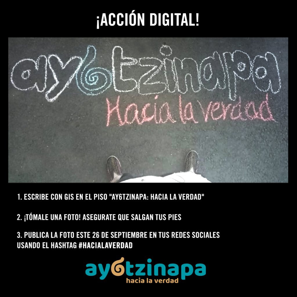 amnistiamexico's tweet photo. ¡Este sábado 26 de septiembre únete a la acción digital por #Ayotzinapa, #HaciaLaVerdad! ✊🏽

¿Ya tomaste tu foto? 📸 https://t.co/V5w2B3z7eD