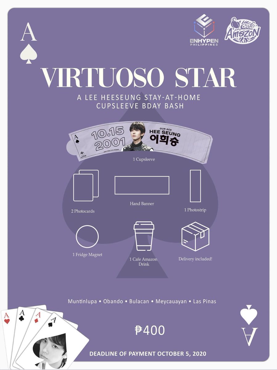 EnhypenPH's tweet photo. [EVENT] In celebration of @ENHYPEN_members Heeseung's 20th Birthday, May we present to you

💫Virtuoso Star: Lee Heeseung Stay-at-home Cupsleeve Bday Bash❣️
 
‼️ LIMITED SLOTS ONLY
📝Order Form: https://t.co/HNVIGhm63o
📆Form &amp; DOP: Oct. 5, 2020

#ENHYPEN #HEESEUNG #VirtuosoStar https://t.co/fFWE2rELum