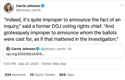 If the Dept. of Justice will take these kinds of irregular actions now to promote false claims of widespread voter fraud, what will they do in November? A democratic emergency.