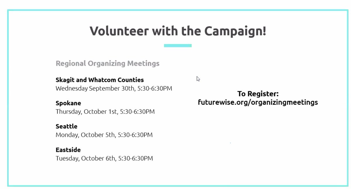 We'll also be starting regional organizing meetings this month, including Skagit and Whatcom Counties, Spokane area, Seattle area, and the Eastside of the Puget Sound region! You can register at  http://futurewise.org/organizingmeetings