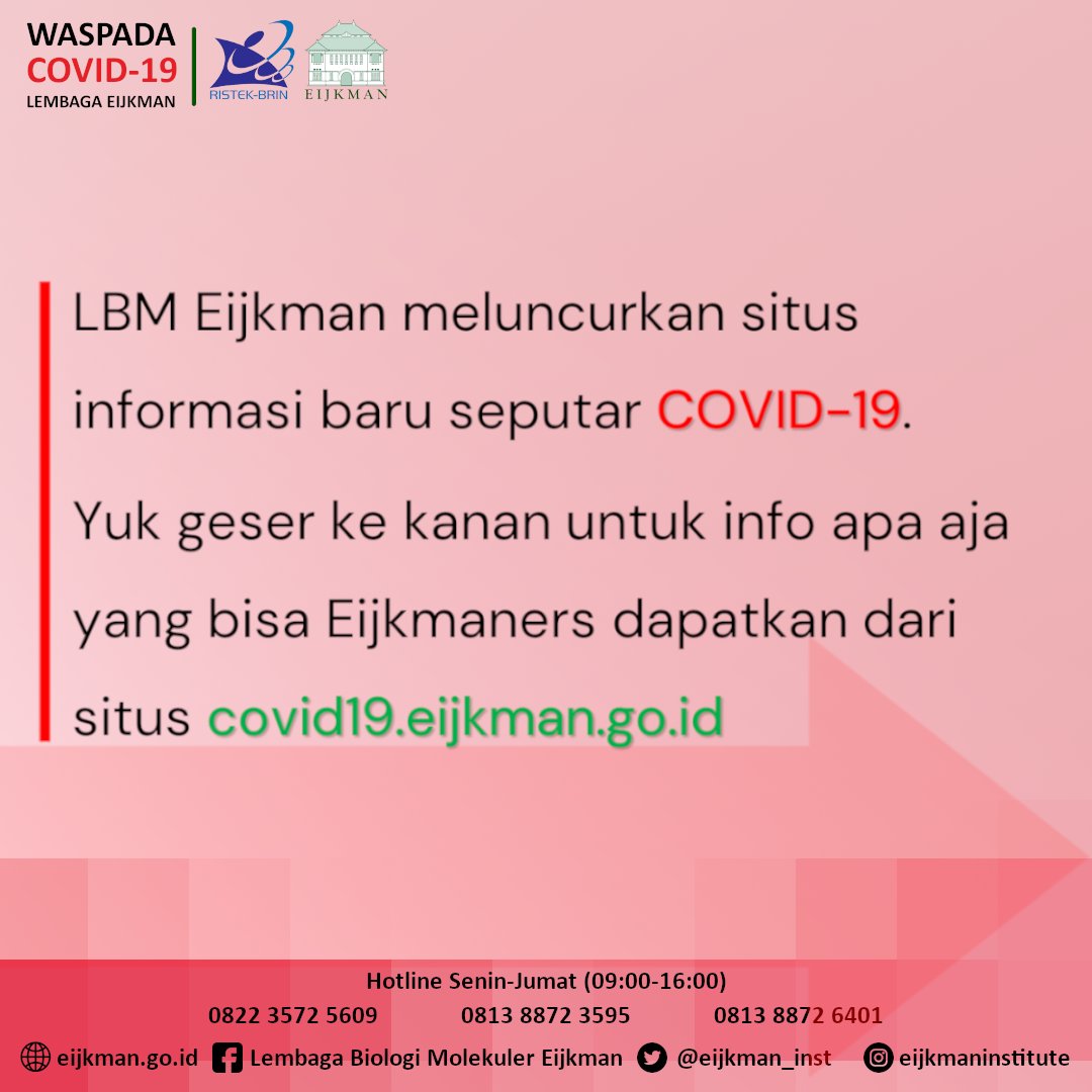 eijkman_inst's tweet photo. Hai Eijkmaners,
apakah kalian ingin tahu berita, update, dan informasi terkait COVID-19 di Lembaga Eijkman?
Jangan bingung, sekarang teman-teman bisa langsung dapat informasinya dari laman khusus COVID-19 Lembaga Eijkman.
Silakan cek profile kami untuk berkunjung. https://t.co/7cc8VKvdKQ