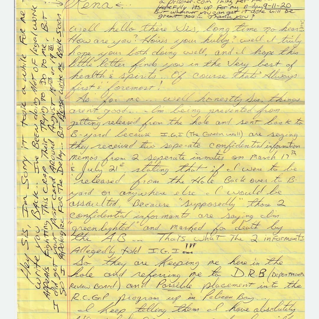 A letter from Danny Cisneros to me (Rena) Ronnie's wife.