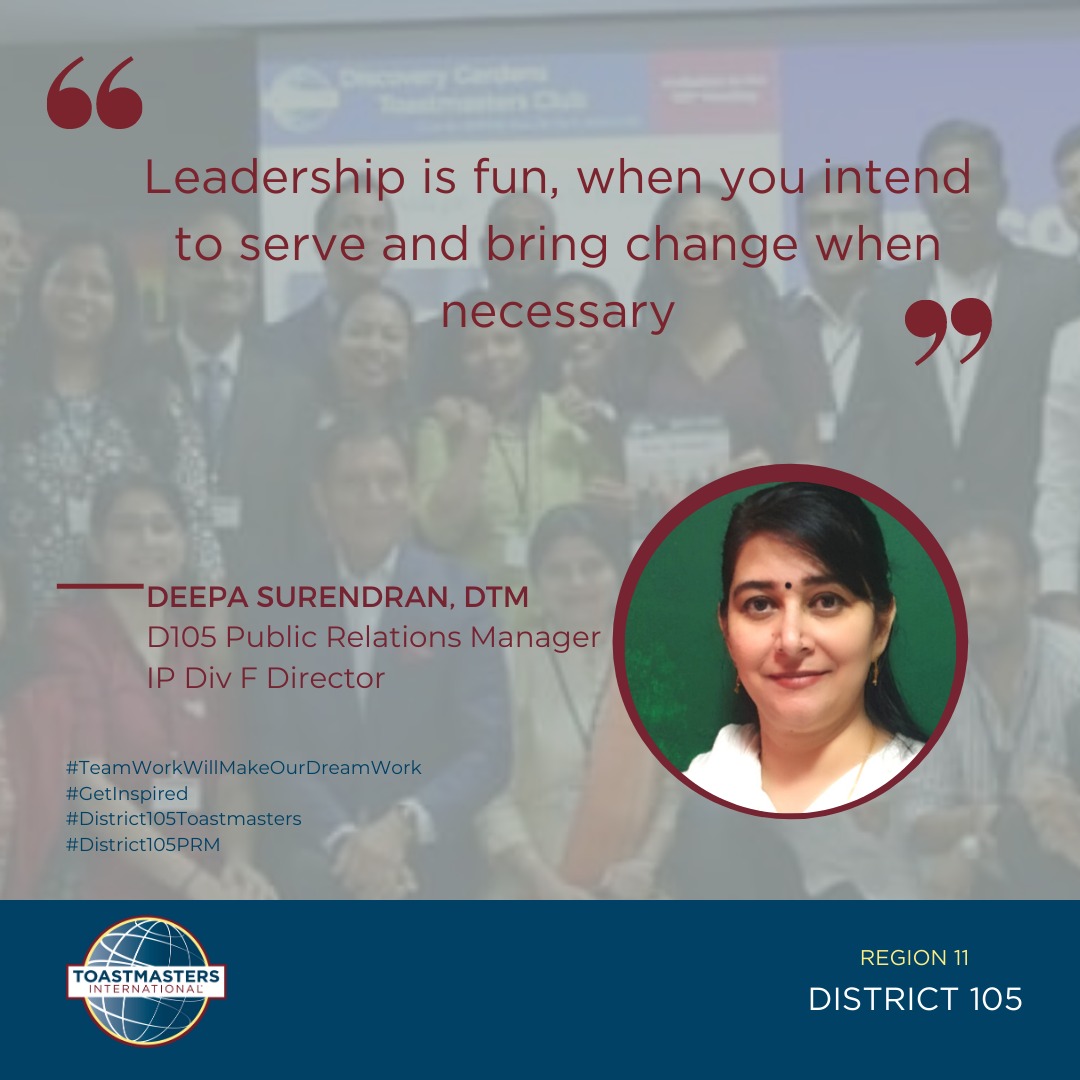 District105Toas's tweet photo. Quote by Deepa Surendran, DTM

#TeamWorkWillMakeOurDreamWork
#GetInspired
#District105Toastmasters
#District105PRM 
#quoteoftheday https://t.co/nm0L30xqkO