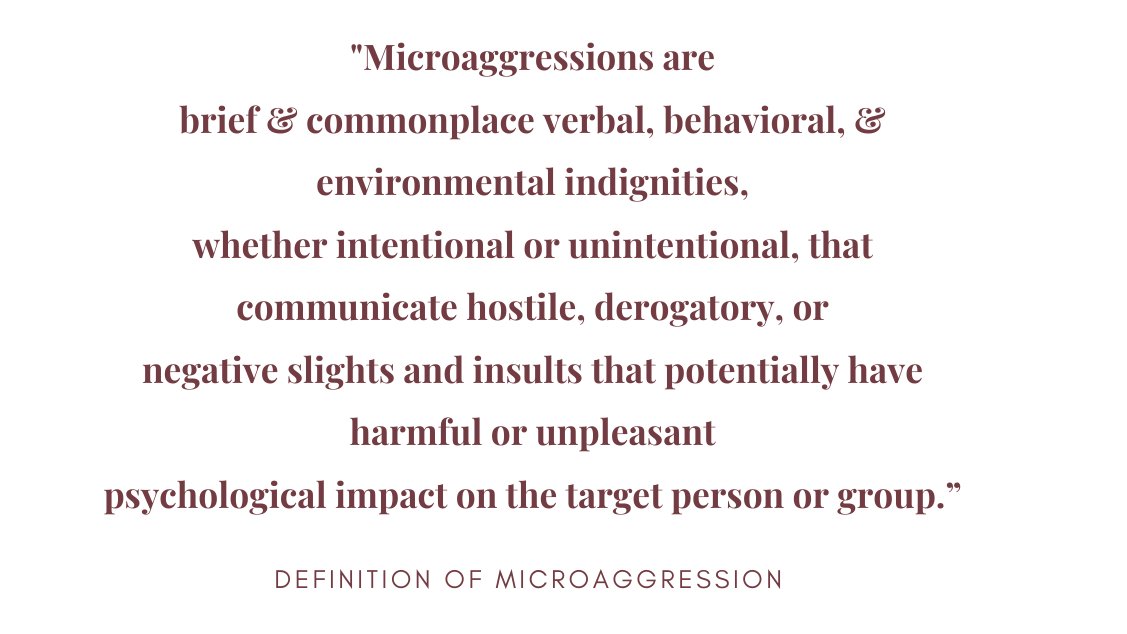 What is a Microaggression?In other words, this could take form based on race, income, social capital, religion, ableness, gender, immigration status, sexual orientation &/or other characteristics.