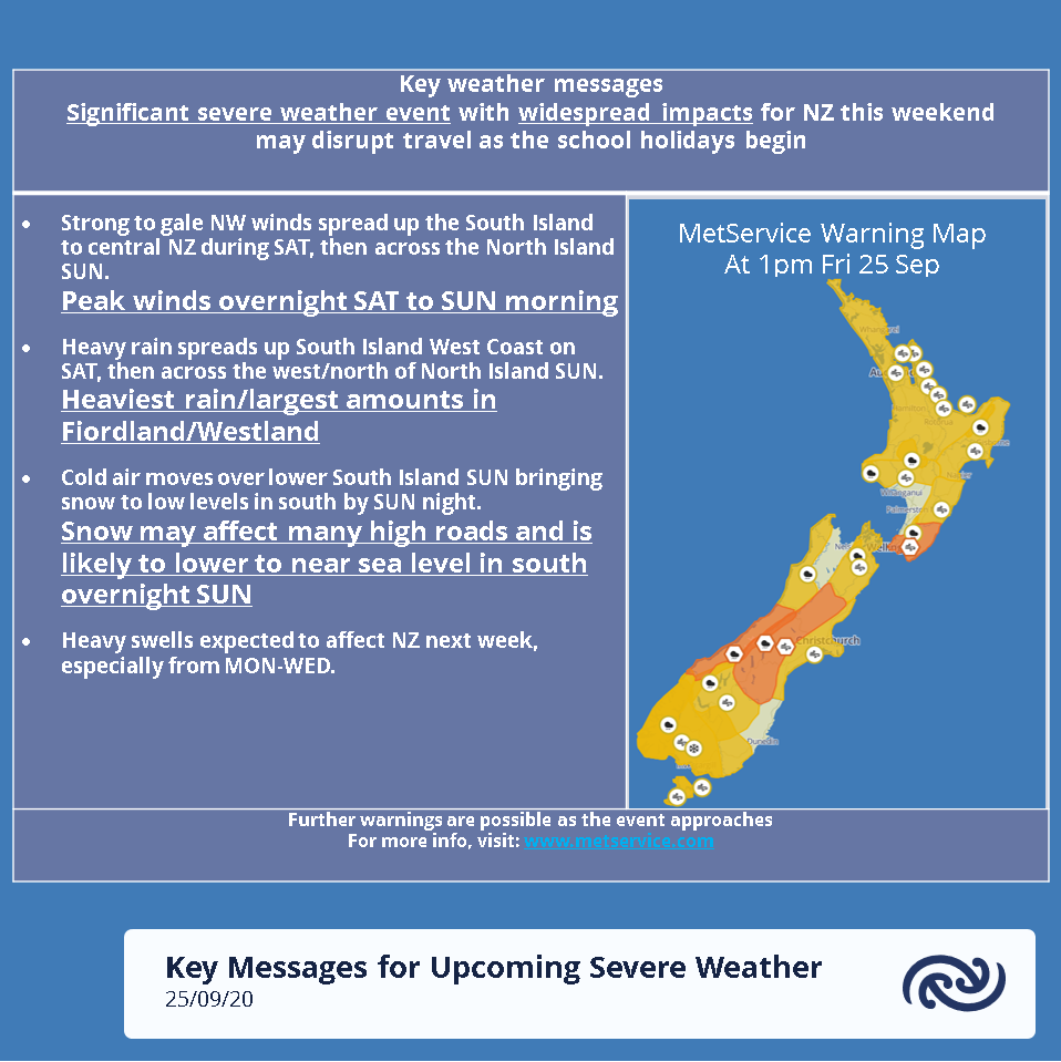 MetService's tweet photo. Key messages for the #SeptemberStorm
- Peak winds overnight SAT to SUN morning
- Heaviest rain/largest amounts in Fiordland/Westland
- Snow may affect many high roads and is likely to lower to near sea level in far south overnight SUN
- Heavy swells expected next week
^TA https://t.co/1FqSCRyp5g