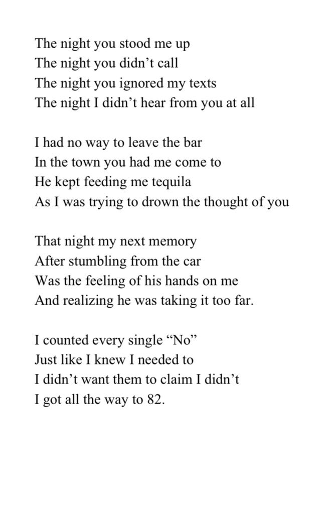 I wouldn’t fully embrace that thinking until I was raped again when I was 18 at fort hood by a fellow soldier. This poem in my first book is about that night.