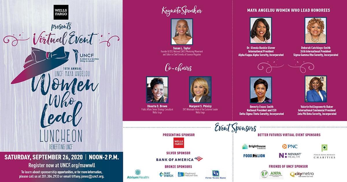 akasorority1908's tweet photo. The 18th annual UNCF Maya Angelou Women Who Lead Luncheon is moving online this year, set for 12 p.m., Saturday, Sept. 26. To register, please visit https://t.co/jHnvKaeM1w. https://t.co/fgrdbNhdL0