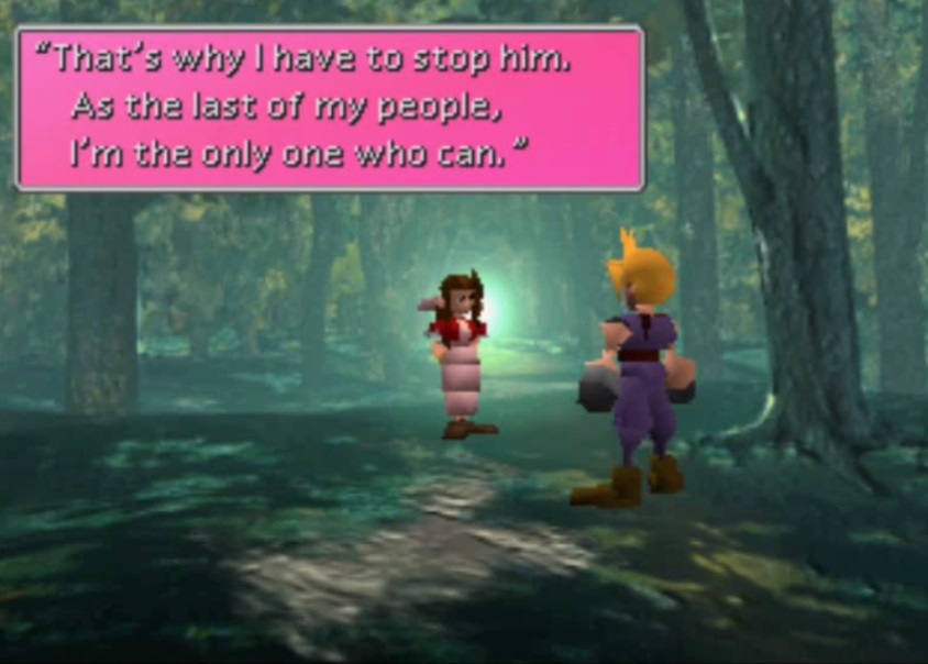 Earisu.My favorite Aerith trait BY FAR has to be with her struggles and basically existential crisis about her role as the last Cetra. It’s something lost in the remake -and ignored A LOT- imo, but I love it!!All of that add for her final fatal “I’m going alone bc it's my role"