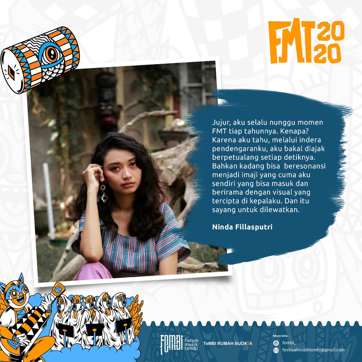 Salah satu testimoni dari <a href="/nindafputri/">Librababi</a> yang sejak tahun 2017 terlibat langsung dan menjadi bagian dari FMT

Penasaran kan dengan FMT tahun ini?
Stay in touch untuk info terbaru kita
dan yang belum kirim karya kita tunggu yaa :)

#FMT #FMT2020 #musiktradisibaru #MTB #MTB2020