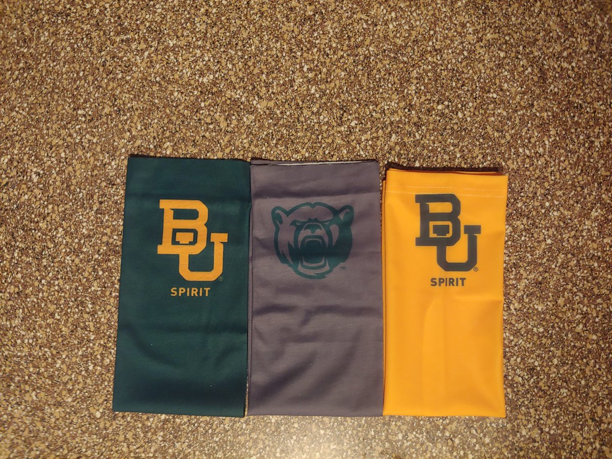 T_REX1991's tweet photo. @BaylorSpirit neck gaiters arrived just in time for some @BUFootball! Cant think of a better way to support our favorite spirit squad members & stay safe! #SicEm #Bears #BUSpirit https://t.co/HPqleNzAGA