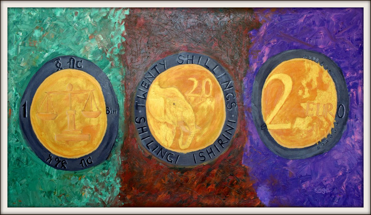 kirigwi's tweet photo. 1 Birr, 20 Shillings and 2 Euros.

Acrylics on Canvas.
🖼️150CM X 80CM.
🎨@Kirigwi
September 2020. https://t.co/BRxdpKntry