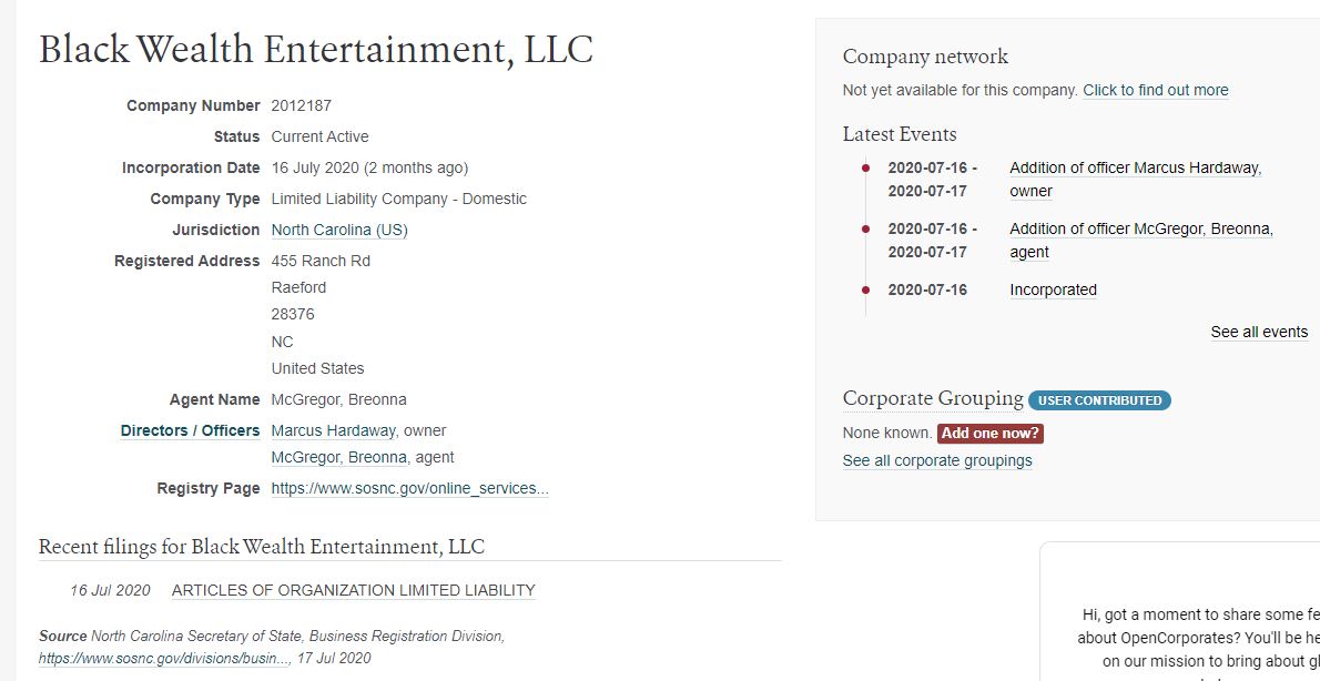 Taking a cue from his grifter sisters, Marcus Hardaway formed an LLC two months ago. Black Wealth Entertainment. /6 https://opencorporates.com/companies/us_nc/2012187