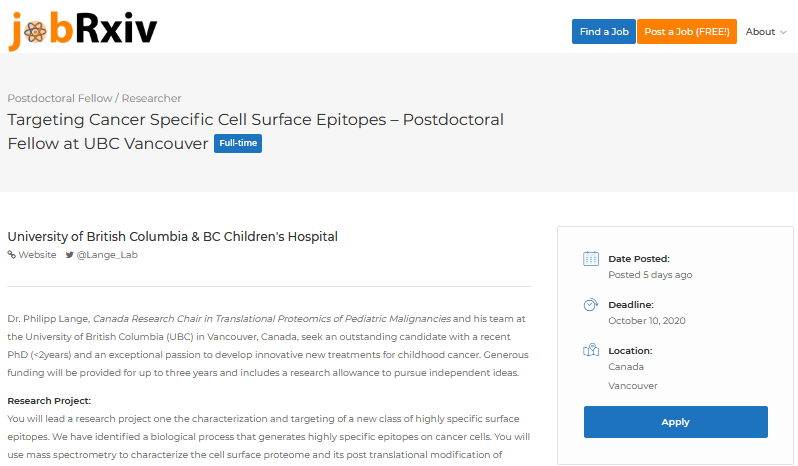 jobRxiv's tweet photo. #ScienceJobs:

Targeting Cancer Specific Cell Surface Epitopes – Postdoctoral Fellow with @Lange_Lab

University of British Columbia &amp; BC Children's Hospital, Vancouver, Canada

https://t.co/SArfEwbjp9

#PDFJobs #ChildhoodCancer #proteomics #cancer https://t.co/qYkkJze4Q8