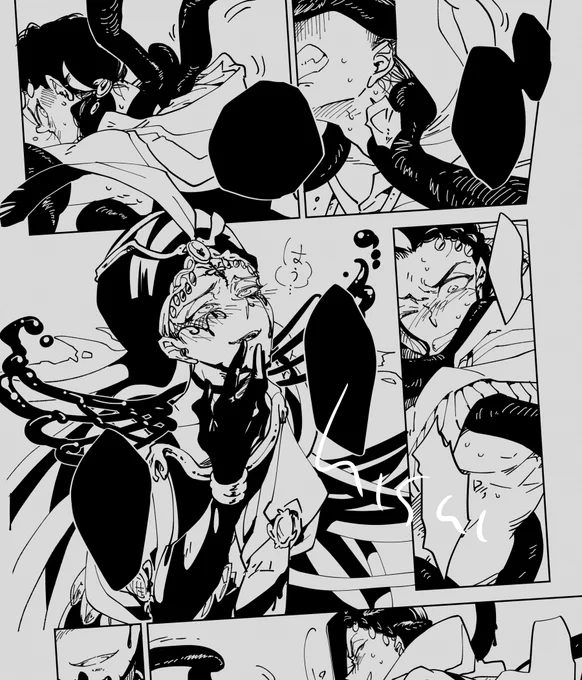 線とベタだけでこの密度と黒さはどうしたら…さらにトーン貼って腕と胴にチャラチャラ垂らしてどう…どうしたら… 