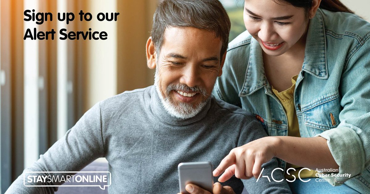 ASDGovAu's tweet photo. Sign up for the @CyberGovAu’s free Alert Service, for information on the latest #cybersecurity threats and what to look out for!  #Register now:
https://t.co/CVUJuPYVbc #AlertService https://t.co/1WQyYbTk7E