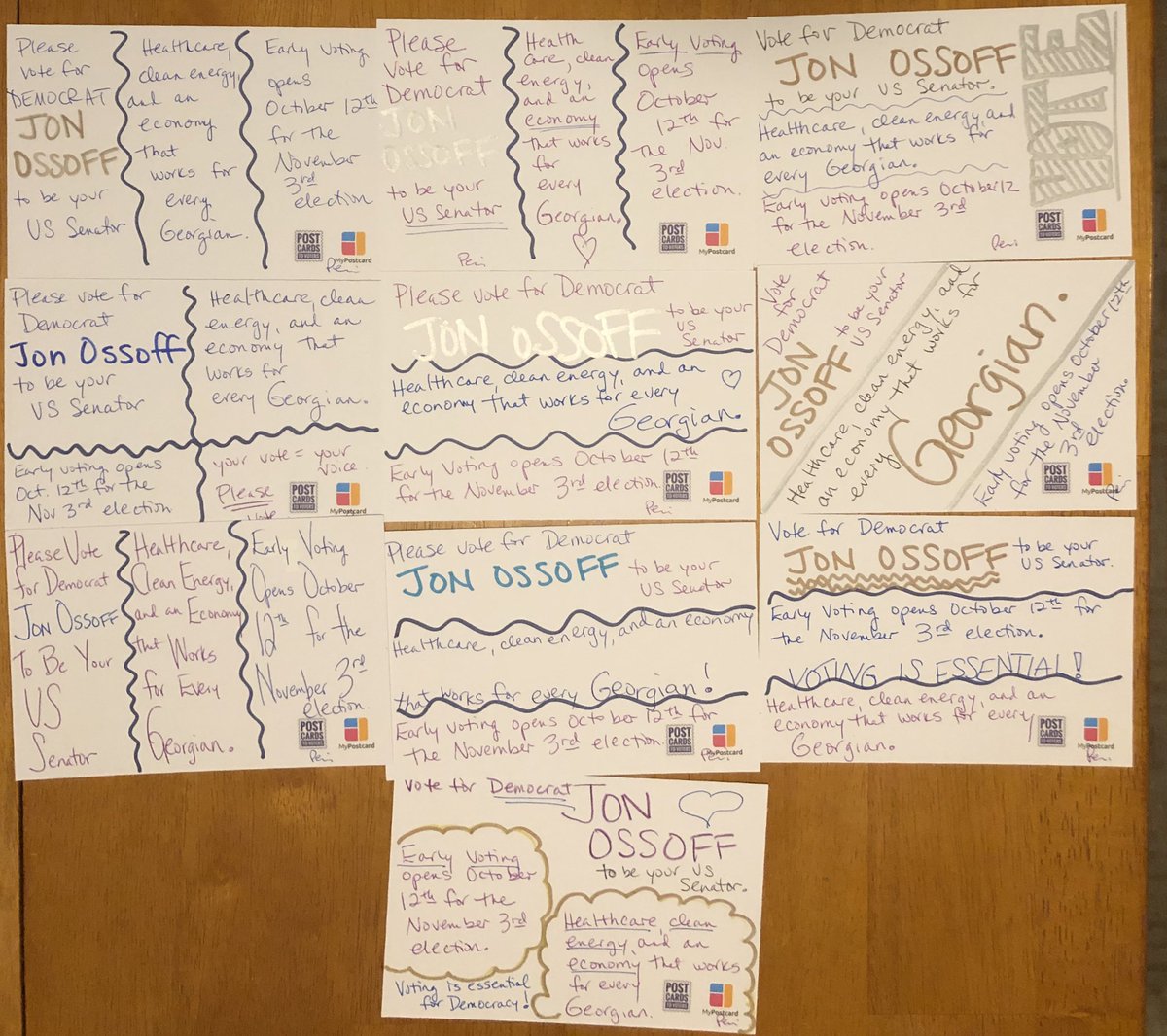 ireperi's tweet photo. Here are 10 #PostcardsToVoters writing on behalf of @stitchingjoy #postcardchallenge and 10 more cards for good measure for @ossoff for GA US Senator. Please write postcards for a healthy economy. https://t.co/rnxoXP3XPU