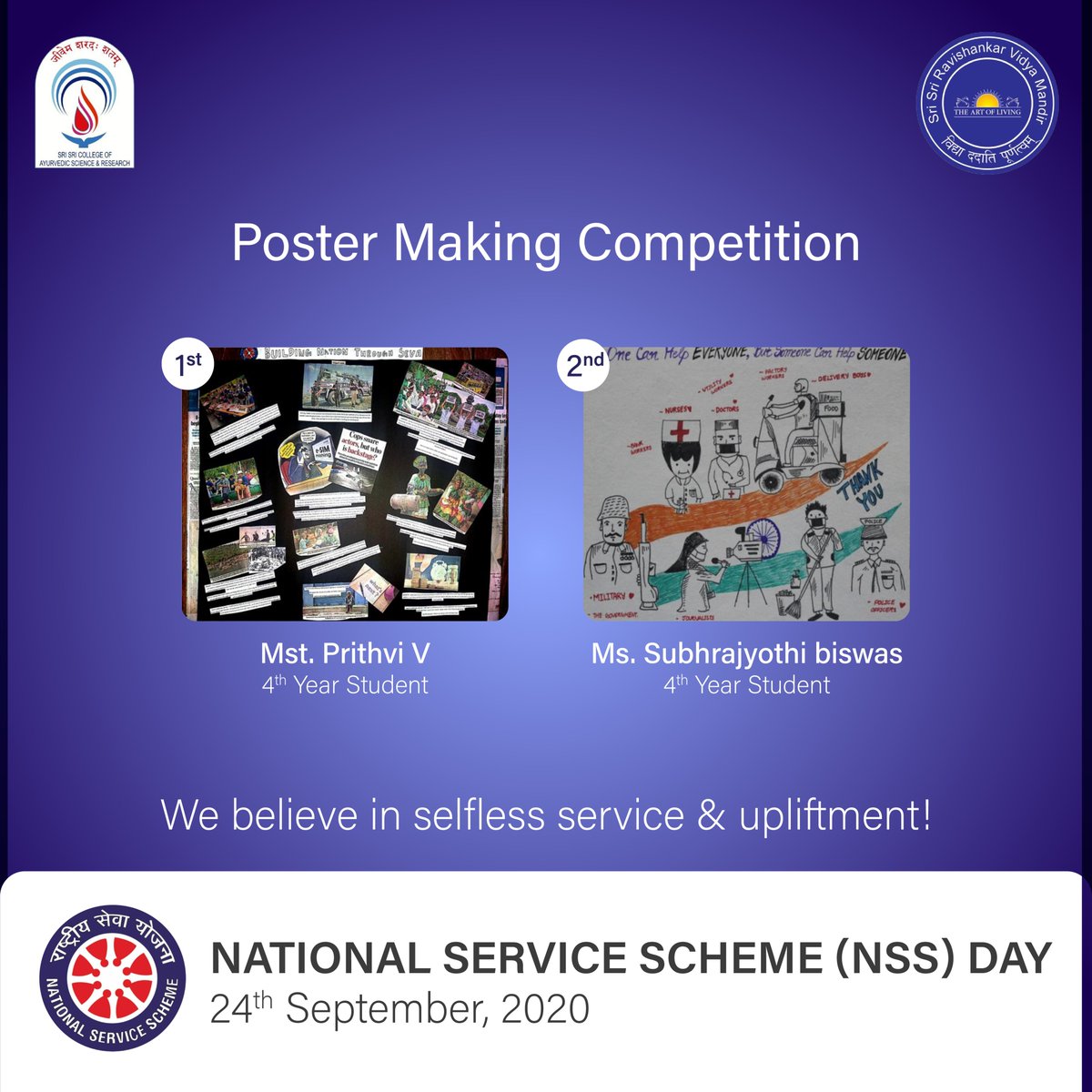 ssrvm's tweet photo. @SSCASRHOfficial organised Elocution &amp; Poster making competition followed by a webinar yesterday, on the occasion of #NSSDAY2020. The youth of the country is given a platform - #NSS to lead, contribute &amp; serve the society in their own creative &amp; inspiring ways. #nssday https://t.co/BFlzlsGA1t