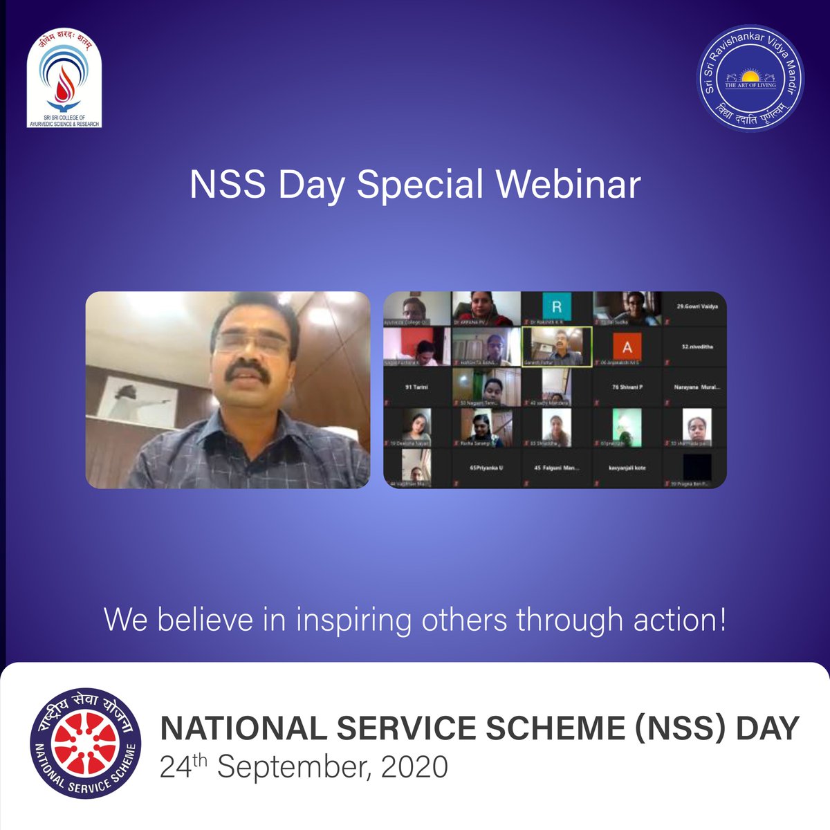 ssrvm's tweet photo. @SSCASRHOfficial organised Elocution &amp; Poster making competition followed by a webinar yesterday, on the occasion of #NSSDAY2020. The youth of the country is given a platform - #NSS to lead, contribute &amp; serve the society in their own creative &amp; inspiring ways. #nssday https://t.co/BFlzlsGA1t