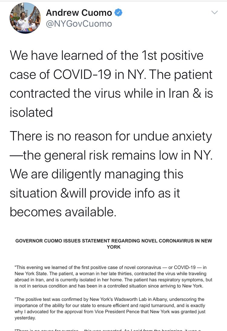 Enter Coronavirus:On March 1, 2020 Cuomo told New Yorkers not to worry about the virus “it’s under control,” and assured New Yorkers that the general coronavirus risk in the state “remains low.”