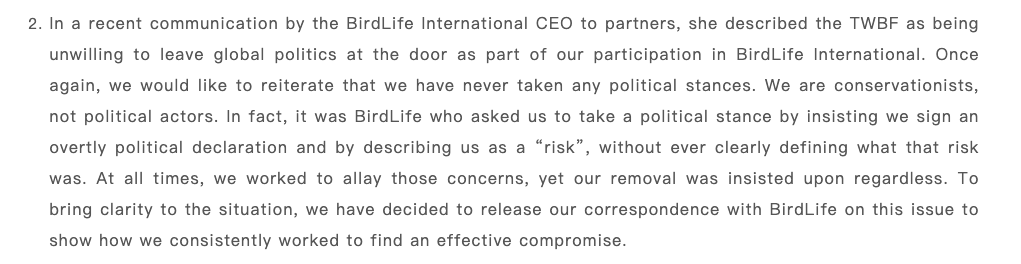 free of political shackles, the China Wild Bird Federation has been renamed Taiwan Wild Bird Federation, releases further details of  @BirdLife_News& #39;s expulsion of the group. CEO accused  @twbf1988 of being "unwilling to leave global politics at the door"  https://www.bird.org.tw/news/602&...