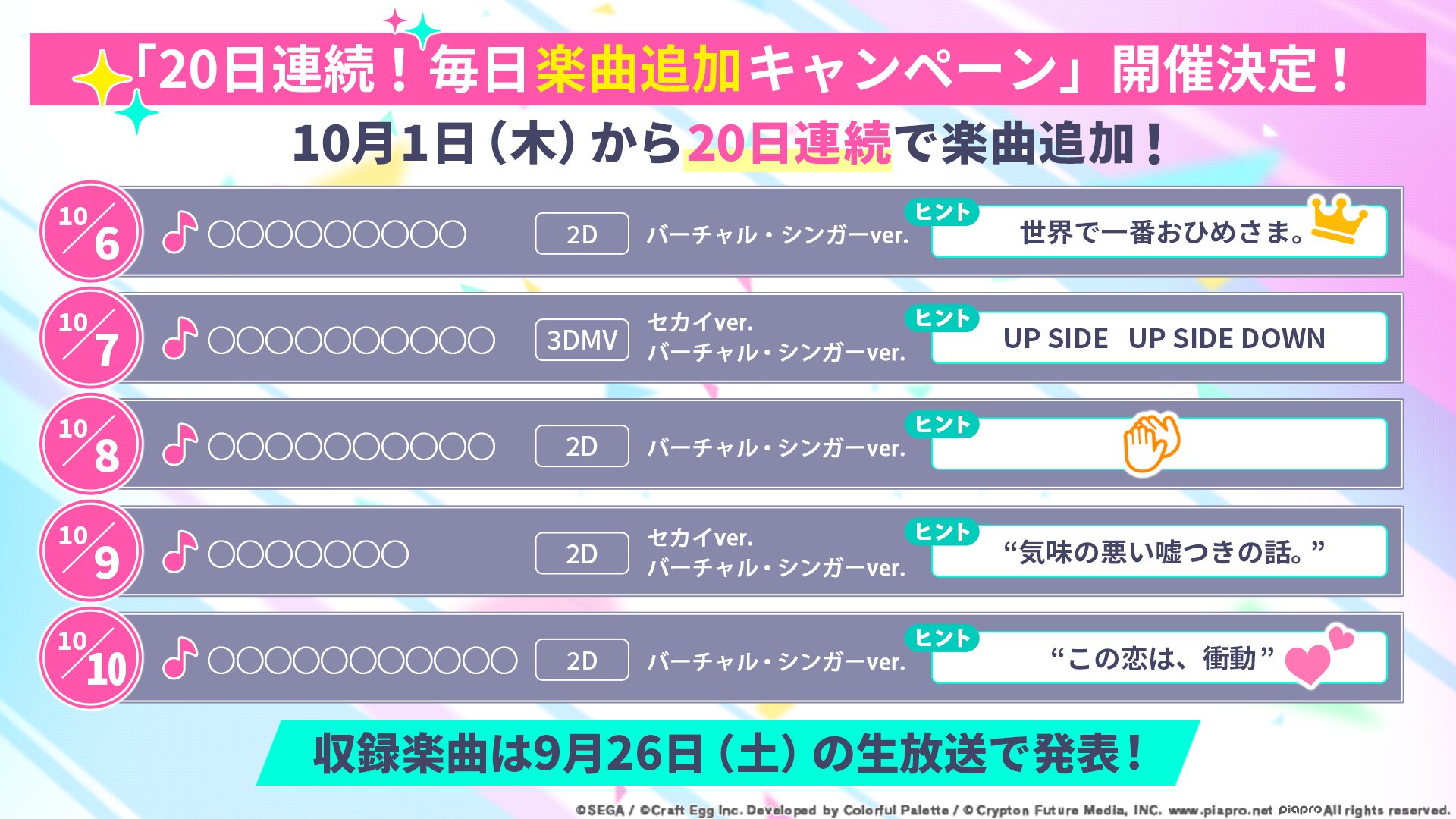 Twitter 上的 プロジェクトセカイ カラフルステージ Feat 初音ミク プロセカ リリース記念 日連続 毎日楽曲追加キャンペーン 開催決定 10月6日から10月10日に追加される楽曲のヒントを公開 楽曲は 9月26日時から生配信の番組で発表 お楽しみに