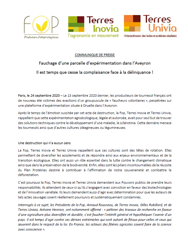 [#CP] 📢Fauchage d'une parcelle d'expérimentation dans l'Aveyron. Piétiner des travaux de recherche en faveur d'une agriculture plus diversifiée et durable, c'est faucher l'intérêt général et hypothéquer l'avenir d'un pays. Il est temps d'agir contre ces dérives extrémistes.