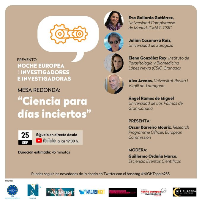UDivulga's tweet photo. Taula rodona virtual "Ciencia para días inciertos". 

Què té a dir la #Ciència en aquests moments? 

Avui divendres 25/09, a les 19h! 

#NightSpain25S

Tret de sortida per la #EuropeanResearchersNight #NitRecerCat, que passa del 25/09 al 27/11!

https://t.co/8XkKOQ3typ https://t.co/eSQCxmtBDz