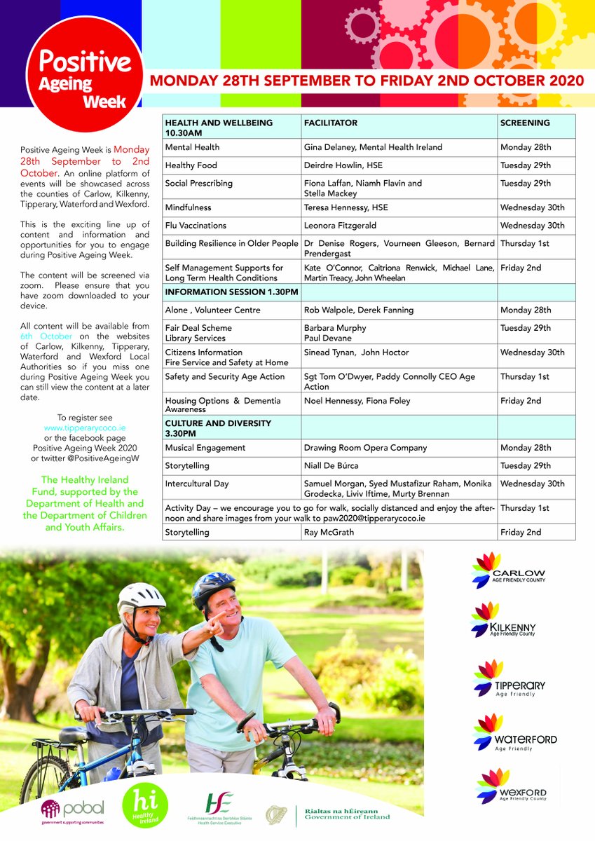 kilkenny (@kilkenny) on Twitter photo Please see attached poster and timetable for the virtual health and wellbeing webinars happening next week for positive ageing week. This initiative is part of the Healthy Ireland Regional Action for Positive Ageing across the 5 counties in the South East. <a href="/HealthyIreland/">HealthyIreland</a> Please see attached poster and timetable for the virtual health and wellbeing webinars happening next week for positive ageing week. This initiative is part of the Healthy Ireland Regional Action for Positive Ageing across the 5 counties in the South East. <a href="/HealthyIreland/">HealthyIreland</a>