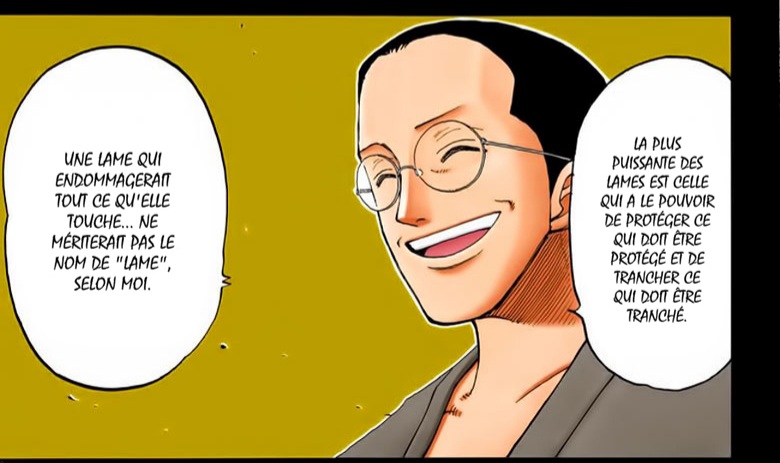 Pour les utilisateurs d'Armes c'est caractérisé par la "force insuflé dans son sabre qui permet de couper ou non "On vois ici que zoro l'a maitrisé dès alabasta ce qui signifie que les 2 haki (visible et invisble) sont indépendant!! (Mais peuvent être utiliser enssemble)