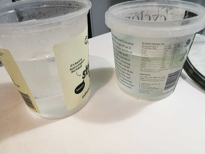 Take the bowl of water out of the freezer. I split it into two containers ready to receive the mozzarella and give it the thermal shock it requires.