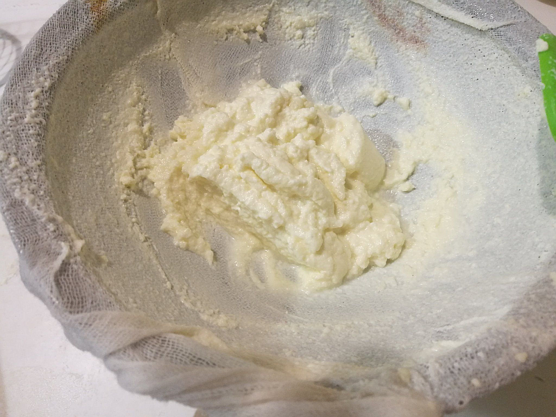 Take the bowl filter and cover it with a muslin cloth if you have it. Pour the whey through. It will take a few hours to drain completely but you'll be left with 100-150 grams of fresh ricotta at the end. Result!