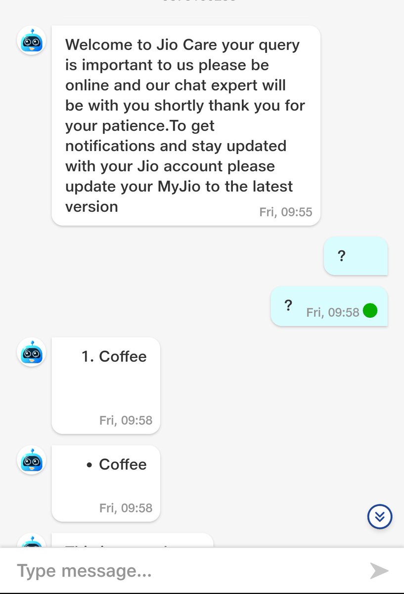 sumit221287's tweet photo. @JioCare Internet isn't working and your #JioFiber #livechat is having existential crisis. https://t.co/l1rezcEFh7