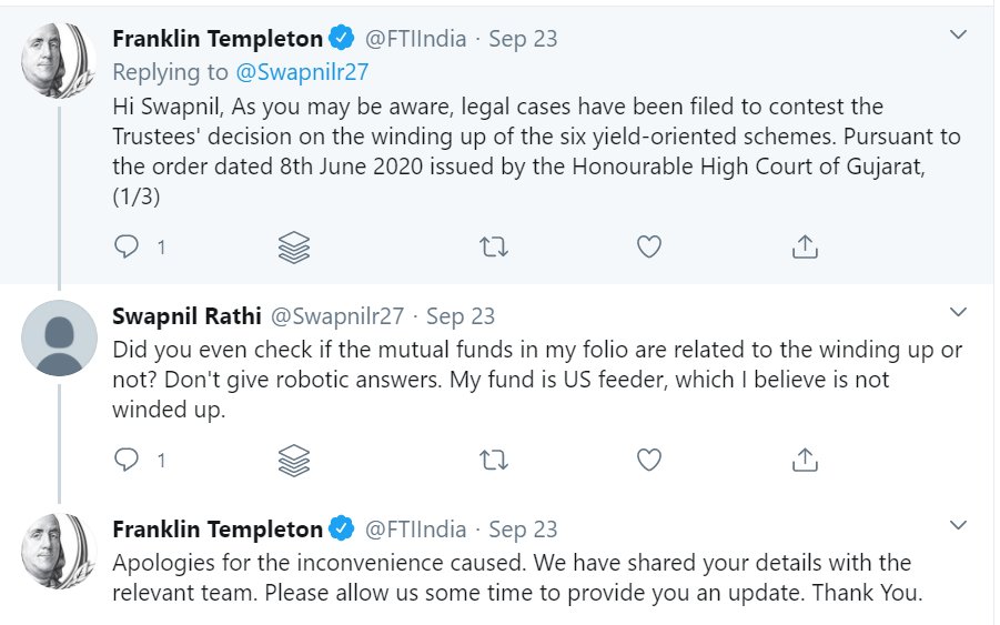 To digress, this is a real story, which will demonstrate how everyone is confusedInvestor to FT: I redeemed? Not got redemption When will u payFT: We can't pay. Court has restrained usInvestor: Dude, I redeemed from your US fund? Is that also wound up?FT: Oh!(3/n)