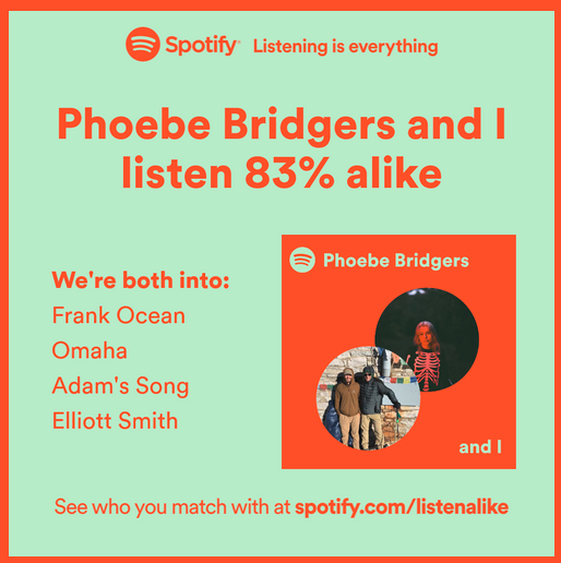 AlexKincade's tweet photo. @phoebe_bridgers please tell me I got the highest #listenalike match score. I'll be devastated (but eventually move on) if it isn't. https://t.co/GkFXnWqAyy