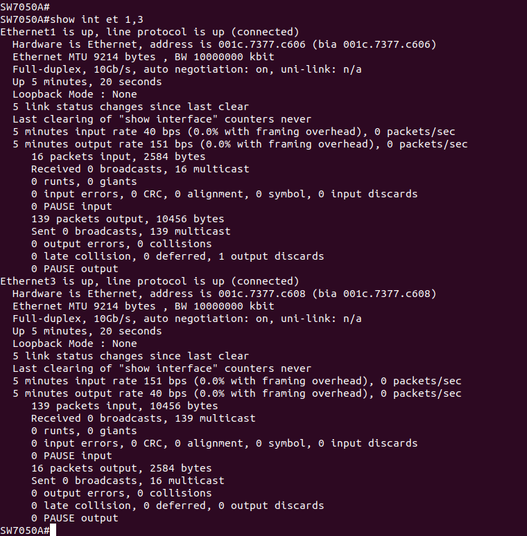 So now we can see that both Et1 and Et3 are up, and they're on the same VLAN, so they're primed and ready to go off like a Juniper in production the moment they see any broadcast traffic...But we don't want broadcast traffic. We want lots of DNS traffic.