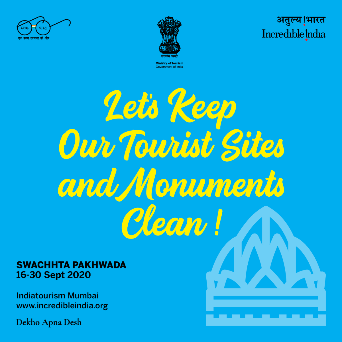 IndiatourismM's tweet photo. India Tourism is organizing #swacchtapakhwada to #keepmonumentsclean from 16 to 30 Sept. Let us pledge to ensure #cleantouristsites. #swacchtapakhwada #cleantouristsites #keepmonumentsclean #swacchbharat #incredibleindia @PIBMumbai @incredibleindia @tourismgoi https://t.co/RHUMvcCxIy