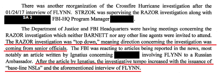 Agent Barnett: the Flynn case "was 'top down,' meaning direction concerning the investigation was coming from senior officials.The intensity of the FBI leadership Flynn investigation was spurred by the leak of the Flynn/Kislyak call.