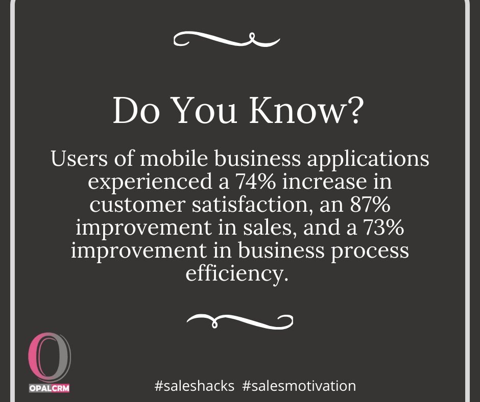 opalcrm's tweet photo. #opal #crm #software
Do You know?
Users of mobile business applications experienced a 74% increase in customer satisfaction , an 87% improvement in sales, and a 73% improvement in business process efficiency . For more details visit https://t.co/jQKLWl3cvu
#opalcrm #crmsoftware https://t.co/shQpGeV6ux
