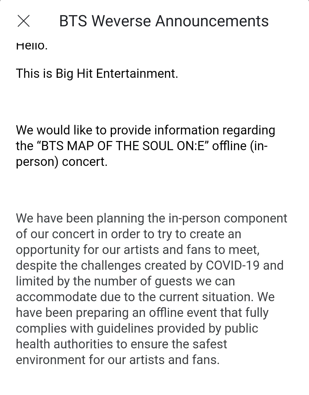 Bangtan India Notice Big Hit Has Informed That The Offline In Person Part Of The Map Of The Soul On E Concert Has Been Cancelled T Co F8ur0qixl2 Twitter