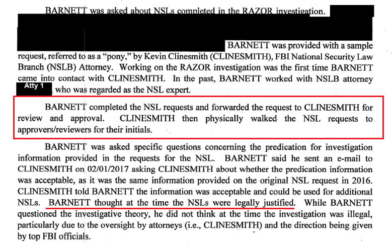 Wow - Kevin Clinesmith (charged for falsifying docs) was involved in the Flynn National Security Letters (NSL).This curious quote:"Barnett thought at the time the NSLs were legally justified" 