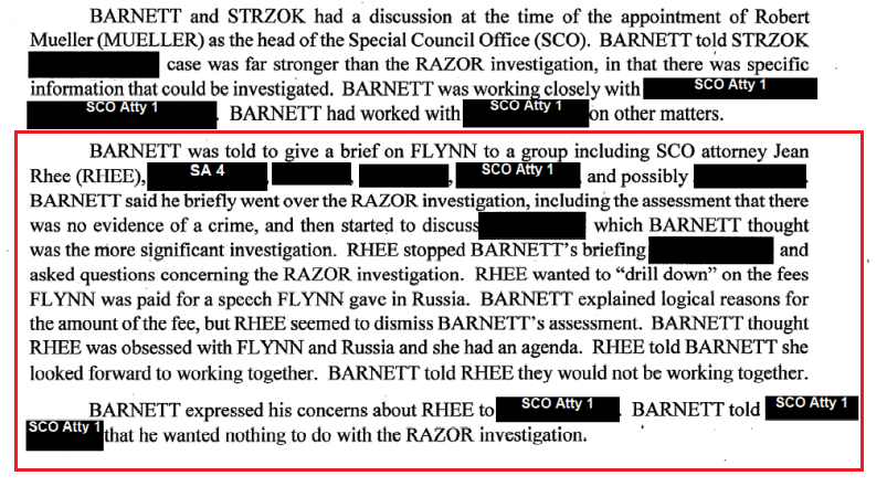 Barnett briefed Special Counsel Rhee on the Flynn case.He told Rhee there was "no evidence of a crime."Barnett believed Rhee "had an agenda" and told her they wouldn't be working together.