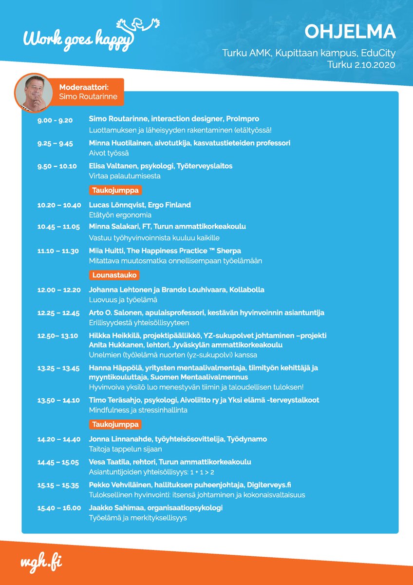 Workgoeshappy's tweet image. 15 huippuluentoa suoraan @TurkuAMK #Educity-oppimisympäristöstä. Maksutta. 
#Unelmientyöpäivä n webinaarissa mukana mm. @minnahuoti @artoOsalonen @ElisaValtanen @JaakkoSahimaa @MinnaSalakari @BeePeeLo  @huittimiia @jouko_mikkola @yzjohtaminen @SimoRoutarinne @jolehtone @tyodynamo